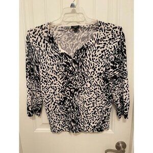Talbots Black & White Animal Print Cardigan Size M 60% Cotton 40% Rayon 3/4 Slee
